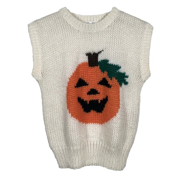 Vintage Sweaters - Vintage Hand Knit Pumpkin Sweater Vest Intarsia Knit Size Small